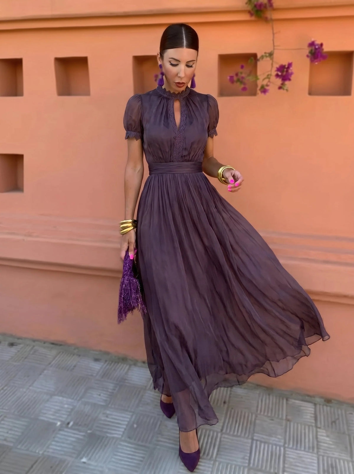 Cayetana | Vestido largo de gasa de cuello alto para mujer