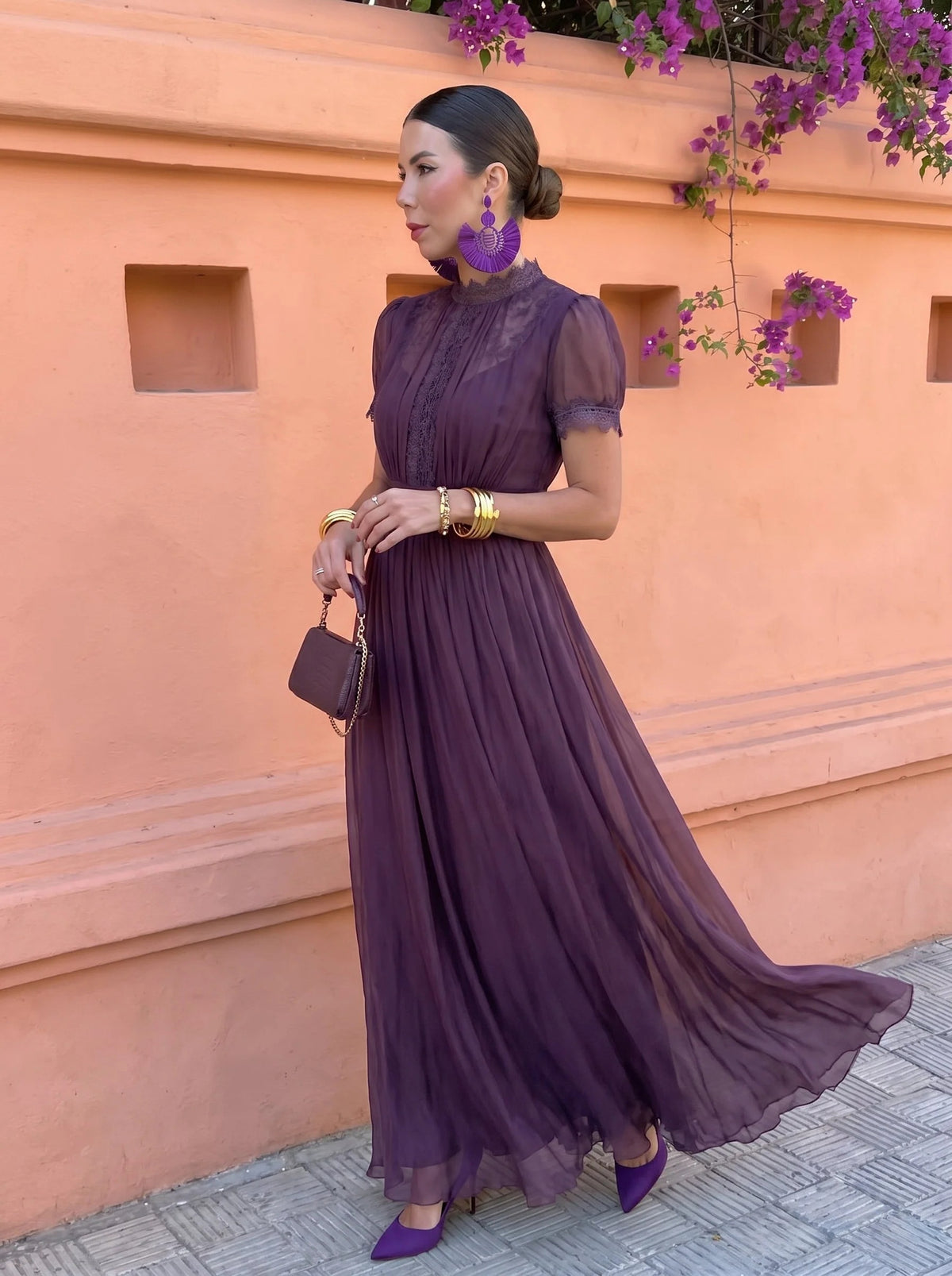 Cayetana | Vestido largo de gasa de cuello alto para mujer